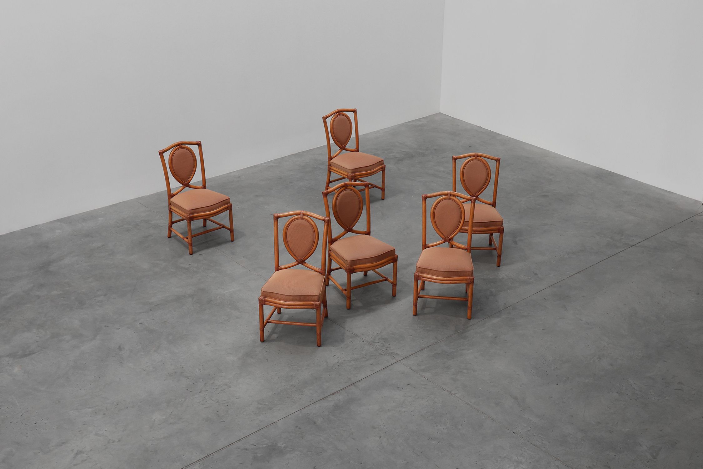 Set of 6 bamboo dining room chairs with geometric upholstery by Gasparucci, Italy 1980sthumbnail